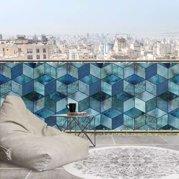 Balcony privacy screen - Crystal Blue Cube Pattern