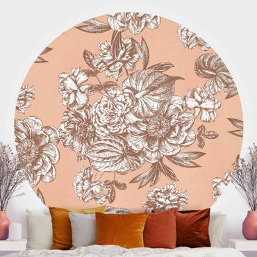Self-adhesive round wallpaper - Copper Engraving Flower Bouquet