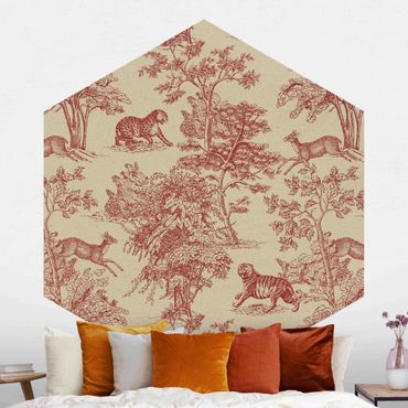 Self-adhesive hexagonal pattern wallpaper - Copper Engraving Impression - Jaguar With Deer On Nature Paper