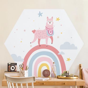 Self-adhesive hexagonal pattern wallpaper - Lama On Rainbow With Stars And Dots