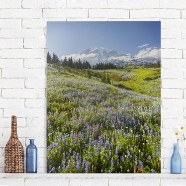 Print on canvas - Mountain Meadow With Flowers In Front Of Mt. Rainier