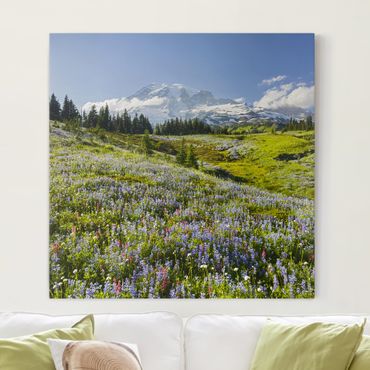 Print on canvas - Mountain Meadow With Red Flowers in Front of Mt. Rainier