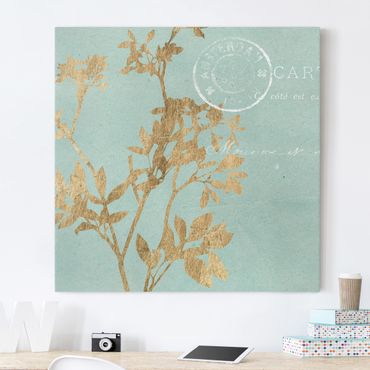 Print on canvas - Golden Leaves On Turquoise I