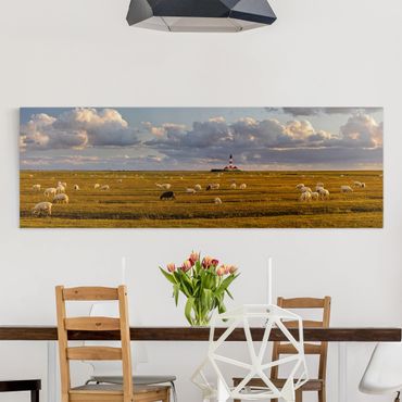 Print on canvas - North Sea Lighthouse With Flock Of Sheep