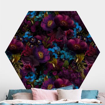 Self-adhesive hexagonal pattern wallpaper - Purple Blossoms With Blue Flowers