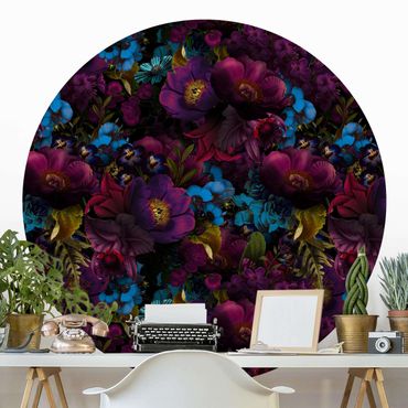 Self-adhesive round wallpaper - Purple Blossoms With Blue Flowers