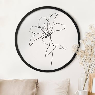 Circular framed print - Line Art Flower Black And White