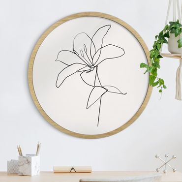 Circular framed print - Line Art Flower Black And White