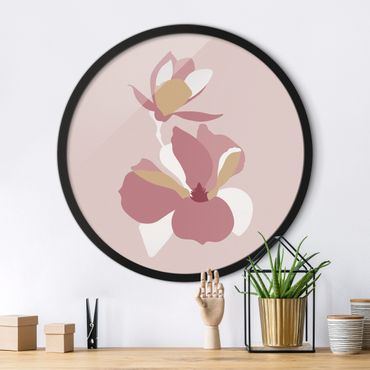 Circular framed print - Line Art Flowers Pastel Pink