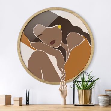 Circular framed print - Line Art Woman Brown Beige