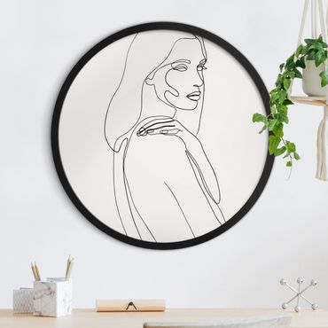 Circular framed print - Line Art Woman Shoulder Black And White