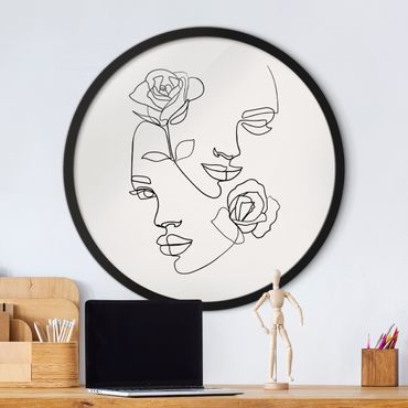 Circular framed print - Line Art Faces Women Roses Black And White