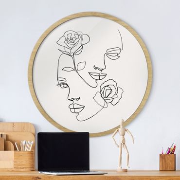 Circular framed print - Line Art Faces Women Roses Black And White