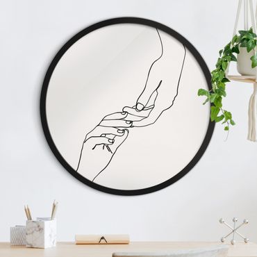 Circular framed print - Line Art Hands Touch Black And White