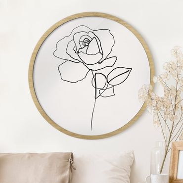 Circular framed print - Line Art Rose Black White
