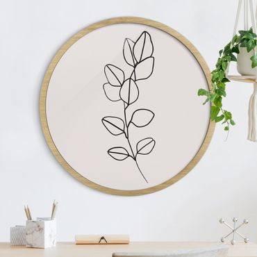 Circular framed print - Line Art Twig Leaves Black And White