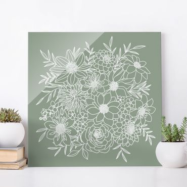 Glass print - Lineart Flowers In Green - Square 1:1