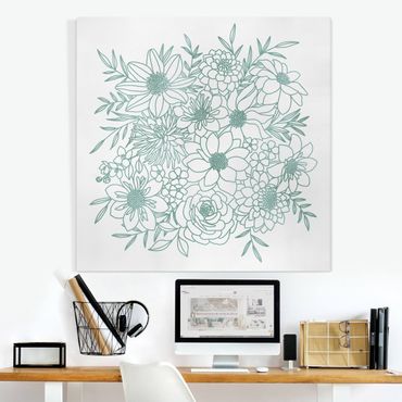 Print on canvas - Lineart Flowers In Metallic Green