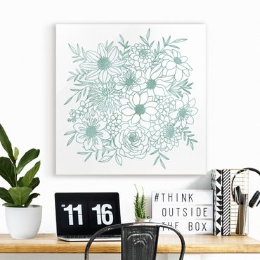 Glass print - Lineart Flowers In Metallic Green - Square 1:1