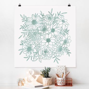 Poster art print - Lineart Flowers In Metallic Green - 1:1