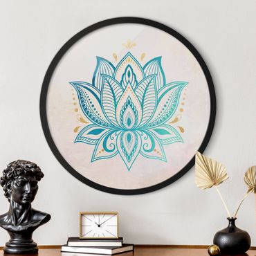 Circular framed print - Lotus Illustration Mandala Gold Blue