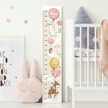 Wooden height chart for kids - Balloon clouds animals with custom name
