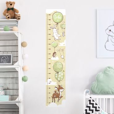 Wall sticker height chart for kids - Balloon clouds animals with custom name green