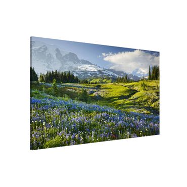Magnetic memo board - Mountain Meadow With Blue Flowers in Front of Mt. Rainier