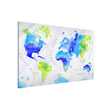 Magnetic memo board - World Map Watercolour Blue Green