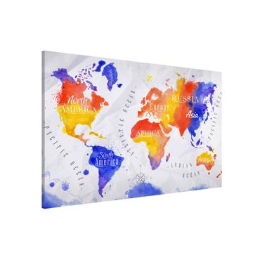 Magnetic memo board - World Map Watercolour Purple Red Yellow