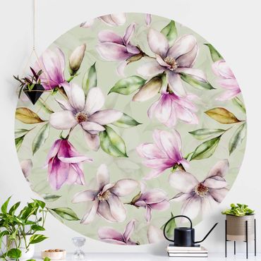 Self-adhesive round wallpaper - Magnolia Illustration On Mint Green