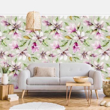 Wallpaper - Magnolia Illustration On Mint Green