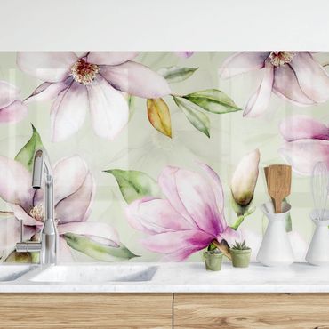Kitchen wall cladding - Magnolia Illustration On Mint Green
