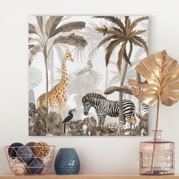 Print on canvas - Majestic animal world in the jungle sepia - Square 1:1
