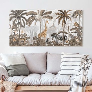 Print on canvas - Majestic animal world in the jungle sepia - Landscape format 2:1
