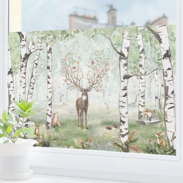 Window decoration - Majestic deer in the birch forest