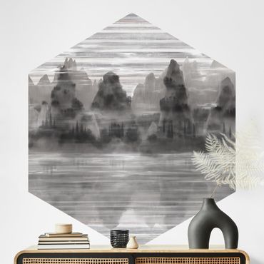 Self-adhesive hexagonal wallpaper - Picturesque Mountains in Mystical Fog