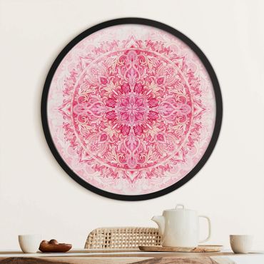 Circular framed print - Mandala Watercolour Ornament Pattern Pink