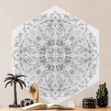 Self-adhesive hexagonal pattern wallpaper - Mandala Watercolour Ornament Black And White