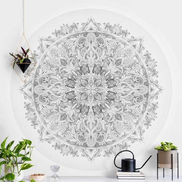 Self-adhesive round wallpaper - Mandala Watercolour Ornament Black And White