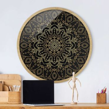 Circular framed print - Mandala Flower Pattern Gold Black