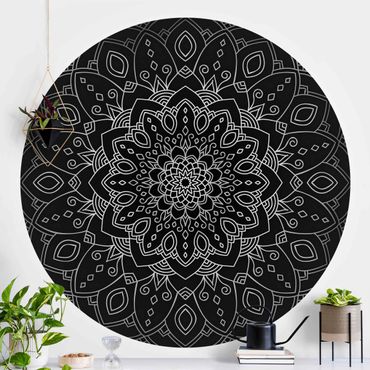 Self-adhesive round wallpaper - Mandala Flower Pattern Silver Black