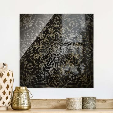 Glass print - Mandala Flower Pattern Silver Black - Square