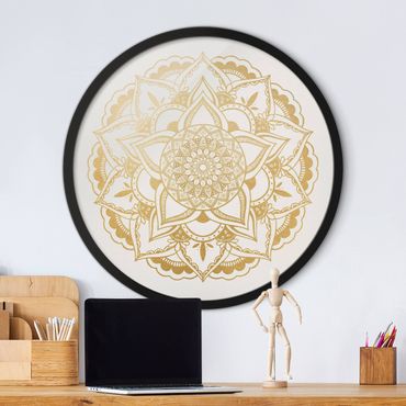Circular framed print - Mandala Flower Gold White