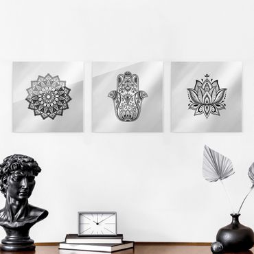 Glass print - Mandala Hamsa Hand Lotus Set On White - 3 parts