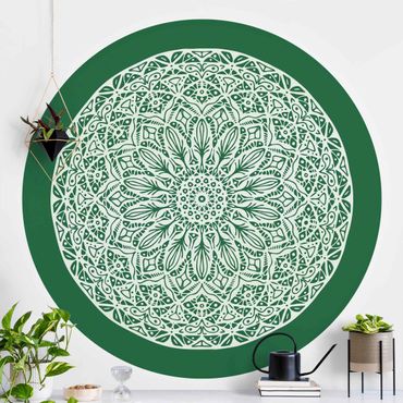 Self-adhesive round wallpaper - Mandala Ornament Green Backdrop