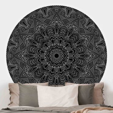 Self-adhesive round wallpaper - Mandala Star Pattern Silver Black