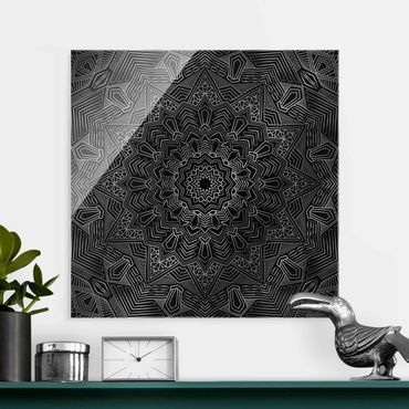 Glass print - Mandala Star Pattern Silver Black - Square