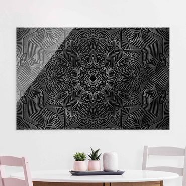 Glass print - Mandala Star Pattern Silver Black - Landscape format