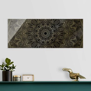 Glass print - Mandala Star Pattern Silver Black - Panorama